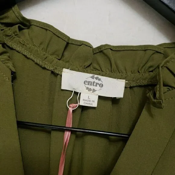 NWT Entro Olive Green Tiered Maxi Dress Sz L Puff Sleeve V-Neck Boho Cottagecore - Picture 3 of 14